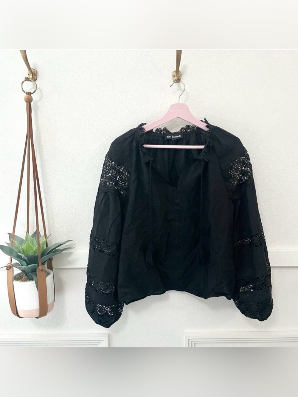 En Saison Black Lace Insert Long Sleeve Tassel Blouse Size XS